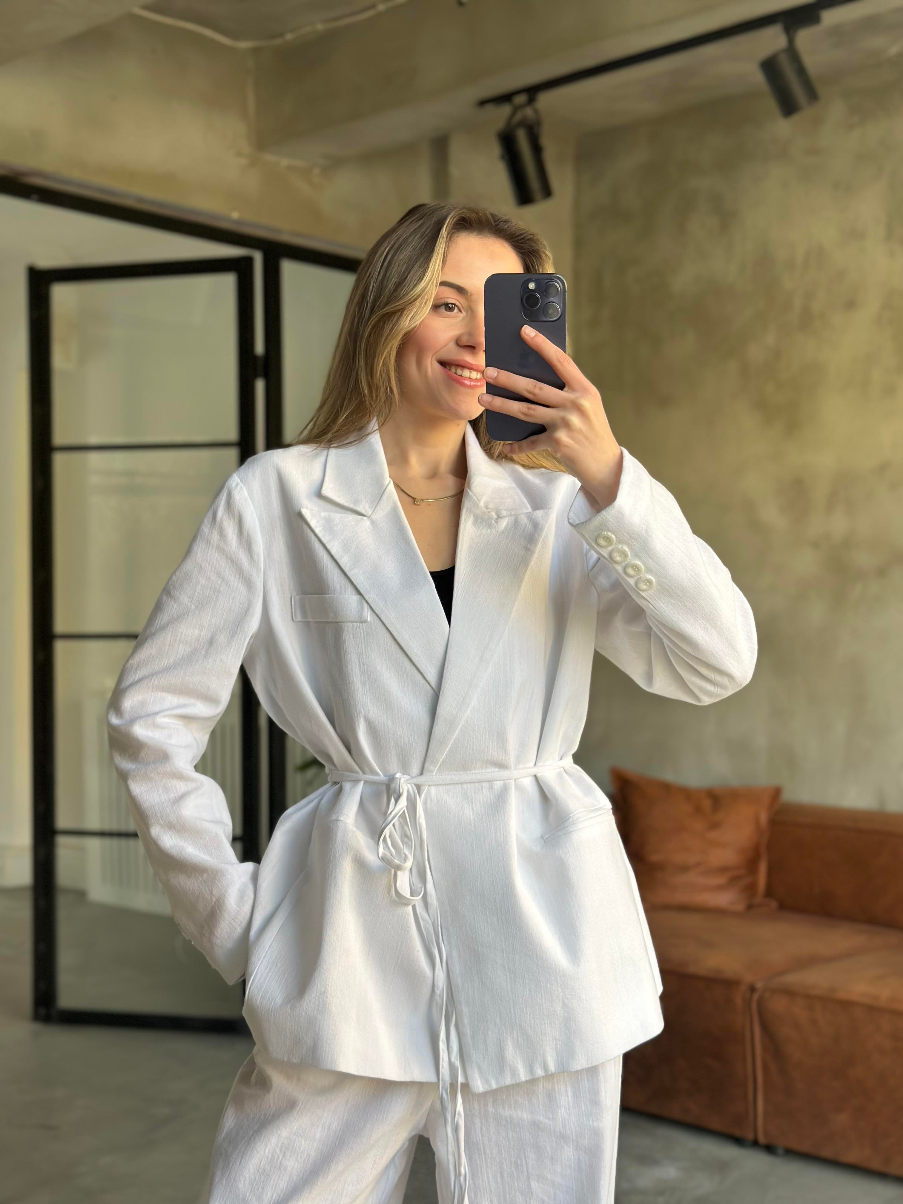 Keten Karışımlı Blazer Ceket Palazzo Pantolon Takım - Beyaz - Dominatrend