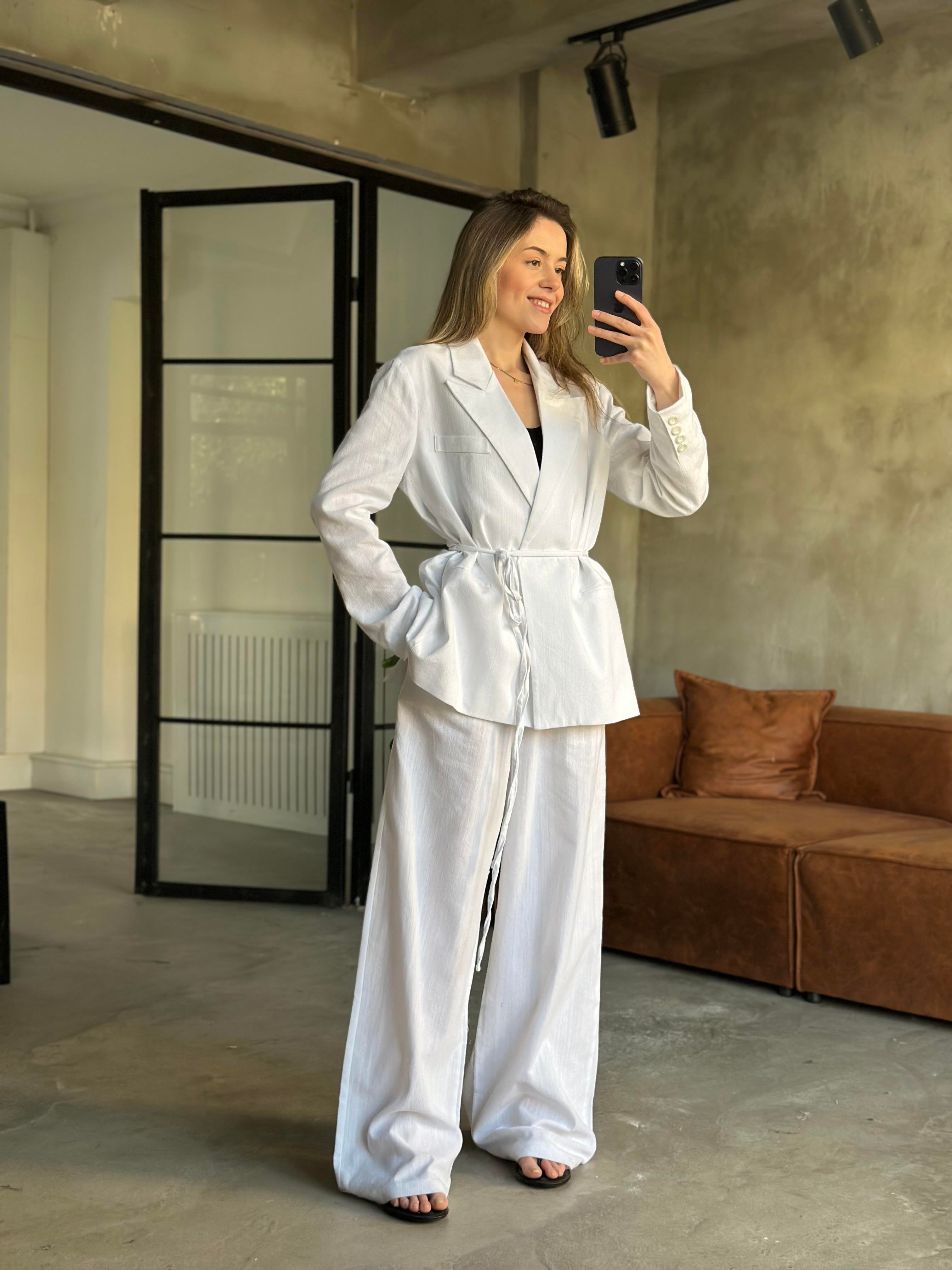 Keten Karışımlı Blazer Ceket Palazzo Pantolon Takım - Beyaz - Dominatrend
