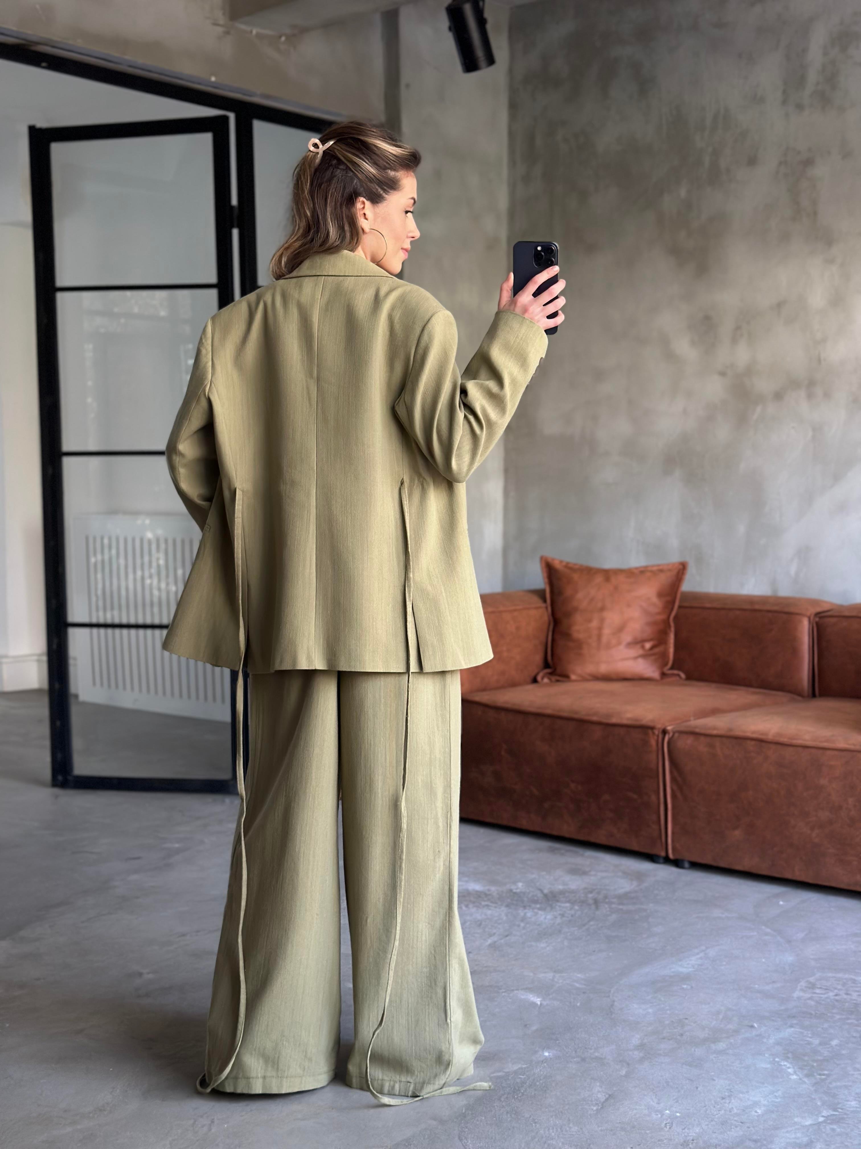 Keten Karışımlı Blazer Ceket Palazzo Pantolon Takım - Yeşil - Dominatrend