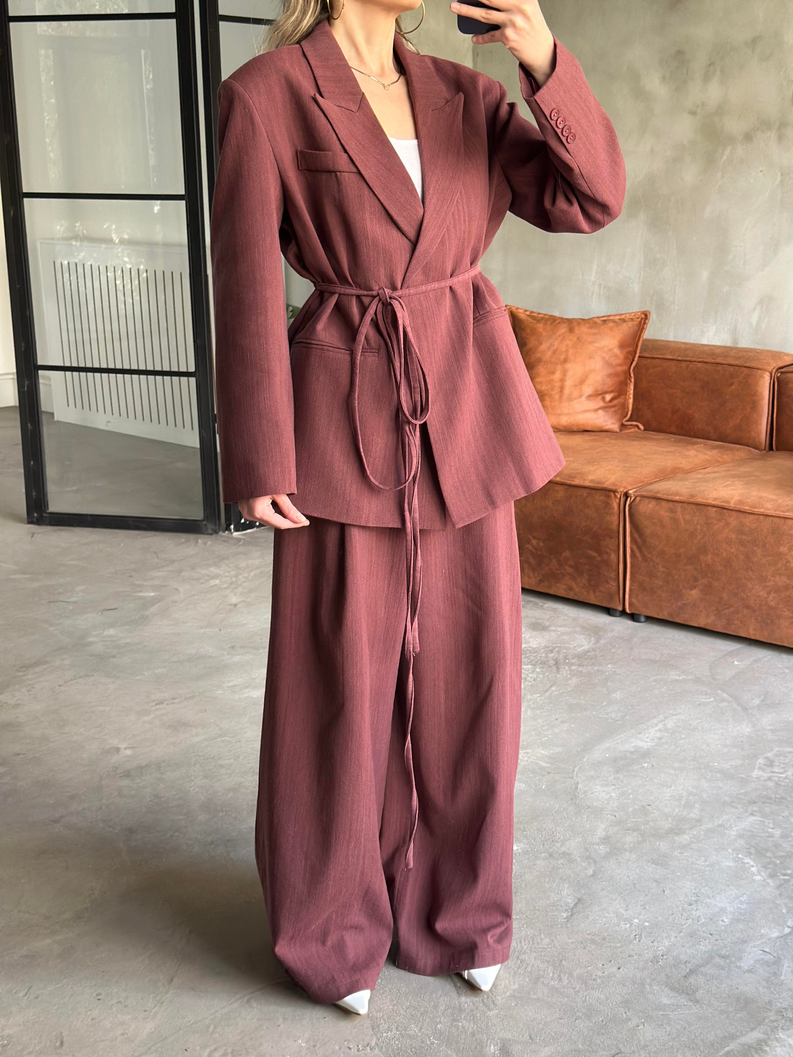 Keten Karışımlı Blazer Ceket Palazzo Pantolon Takım - Mürdüm - Dominatrend