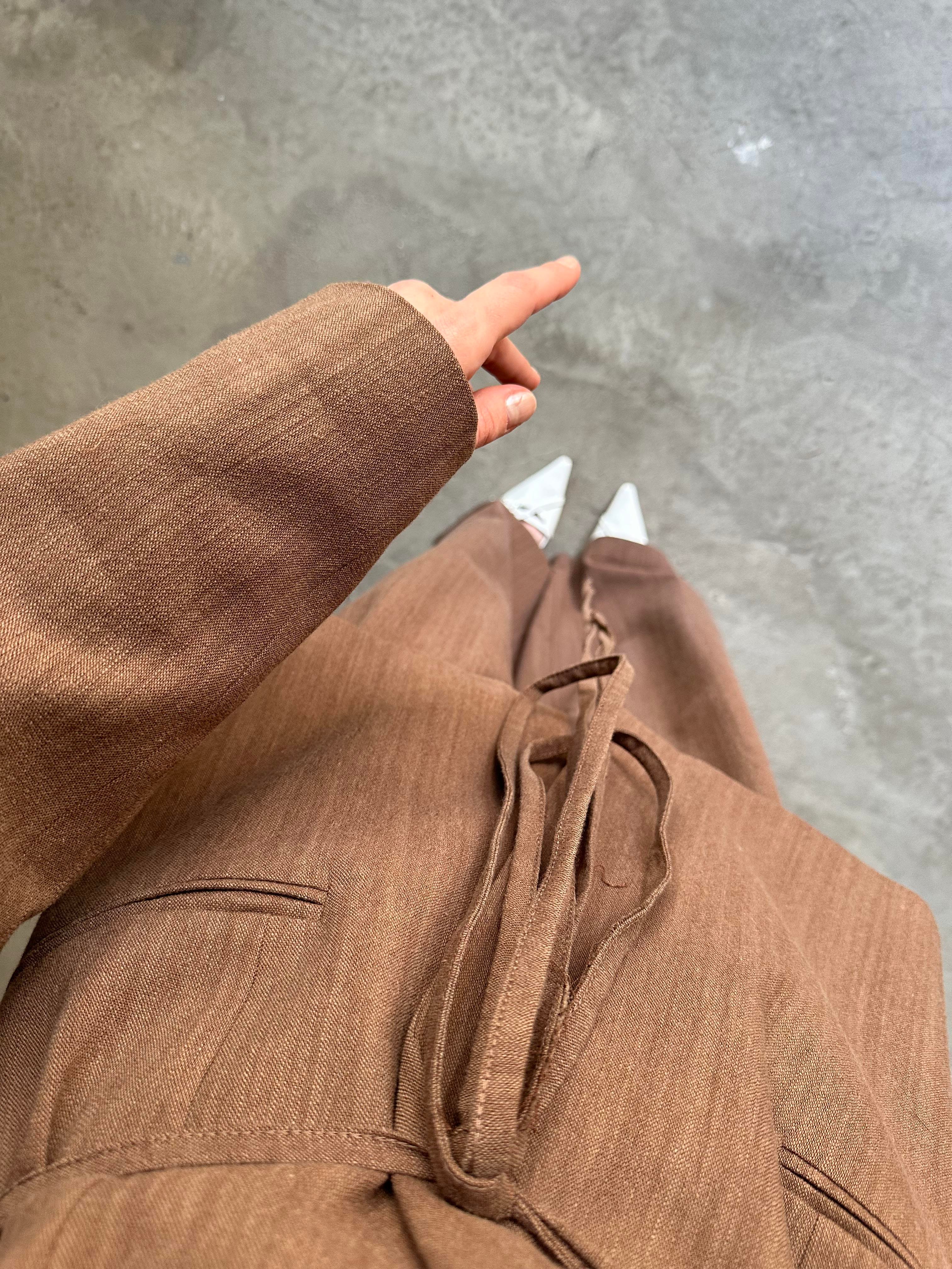 Keten Karışımlı Blazer Ceket Palazzo Pantolon Takım - Kahverengi - Dominatrend