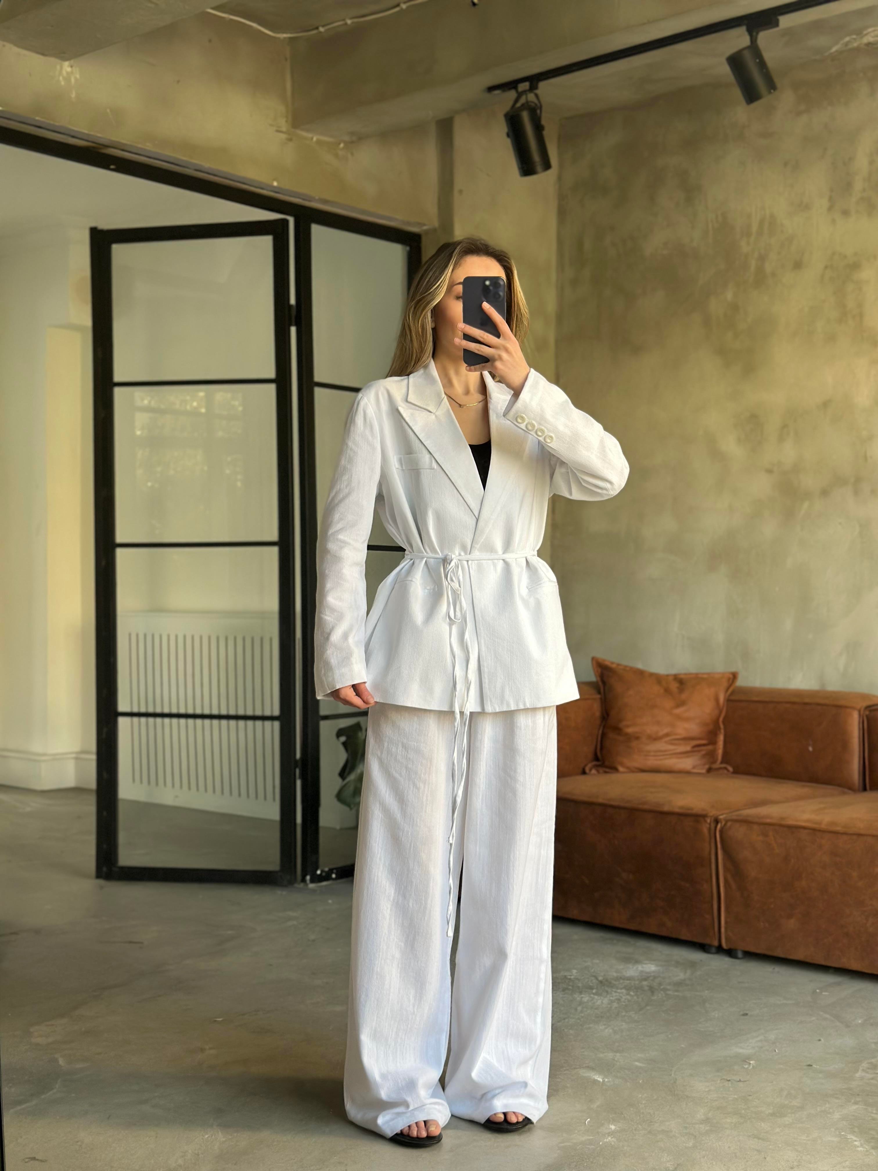 Keten Karışımlı Blazer Ceket Palazzo Pantolon Takım - Beyaz - Dominatrend