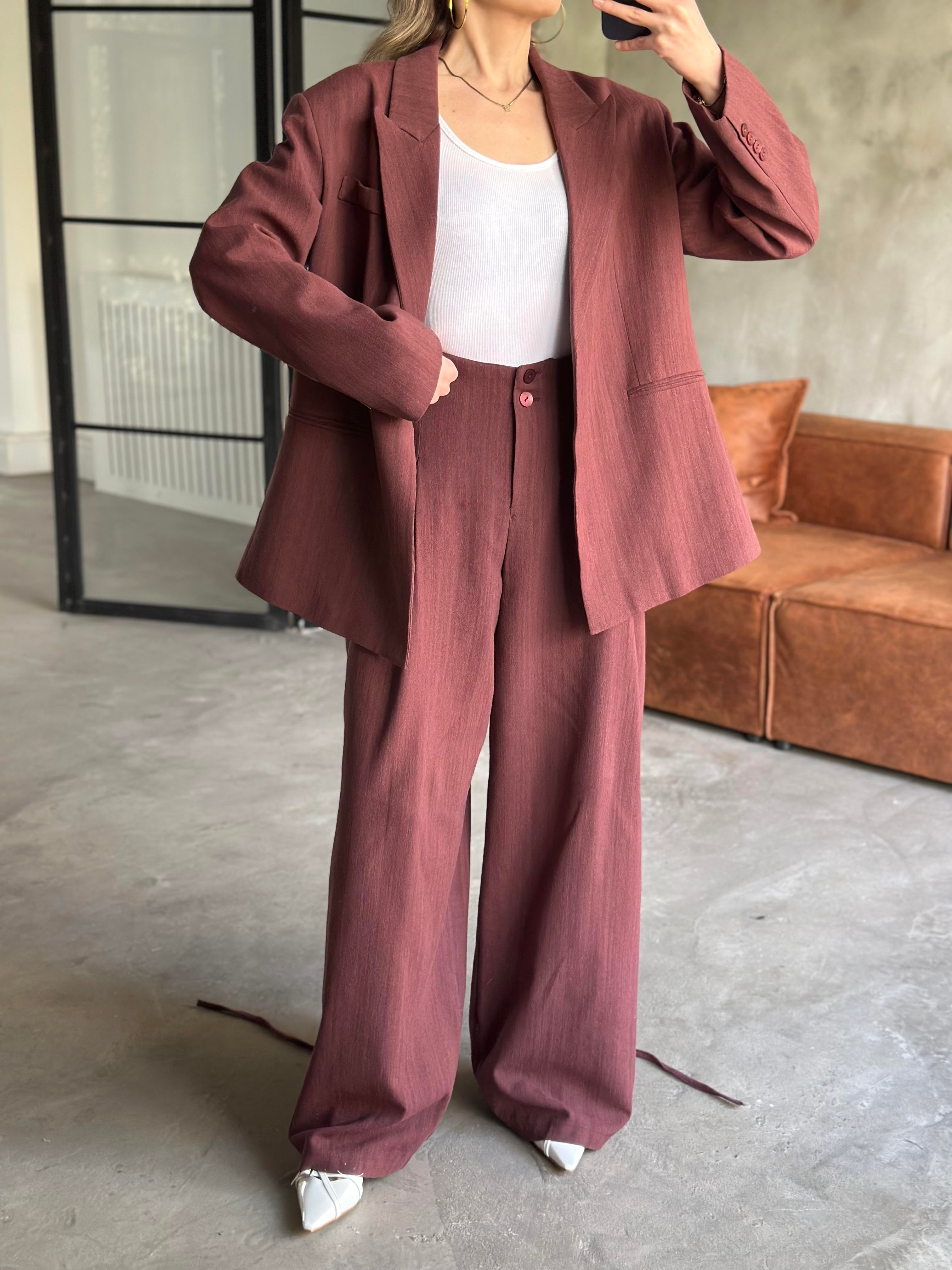 Keten Karışımlı Blazer Ceket Palazzo Pantolon Takım - Mürdüm - Dominatrend