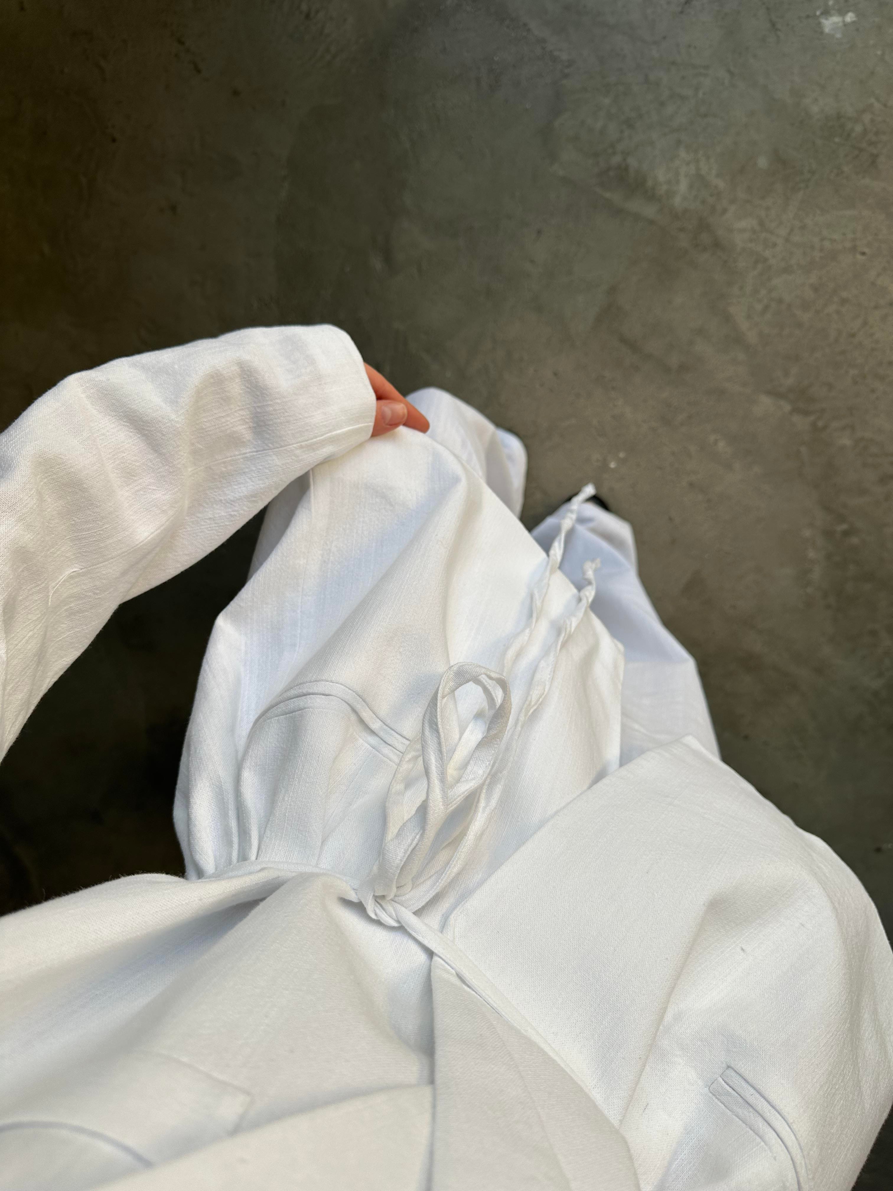 Keten Karışımlı Blazer Ceket Palazzo Pantolon Takım - Beyaz - Dominatrend