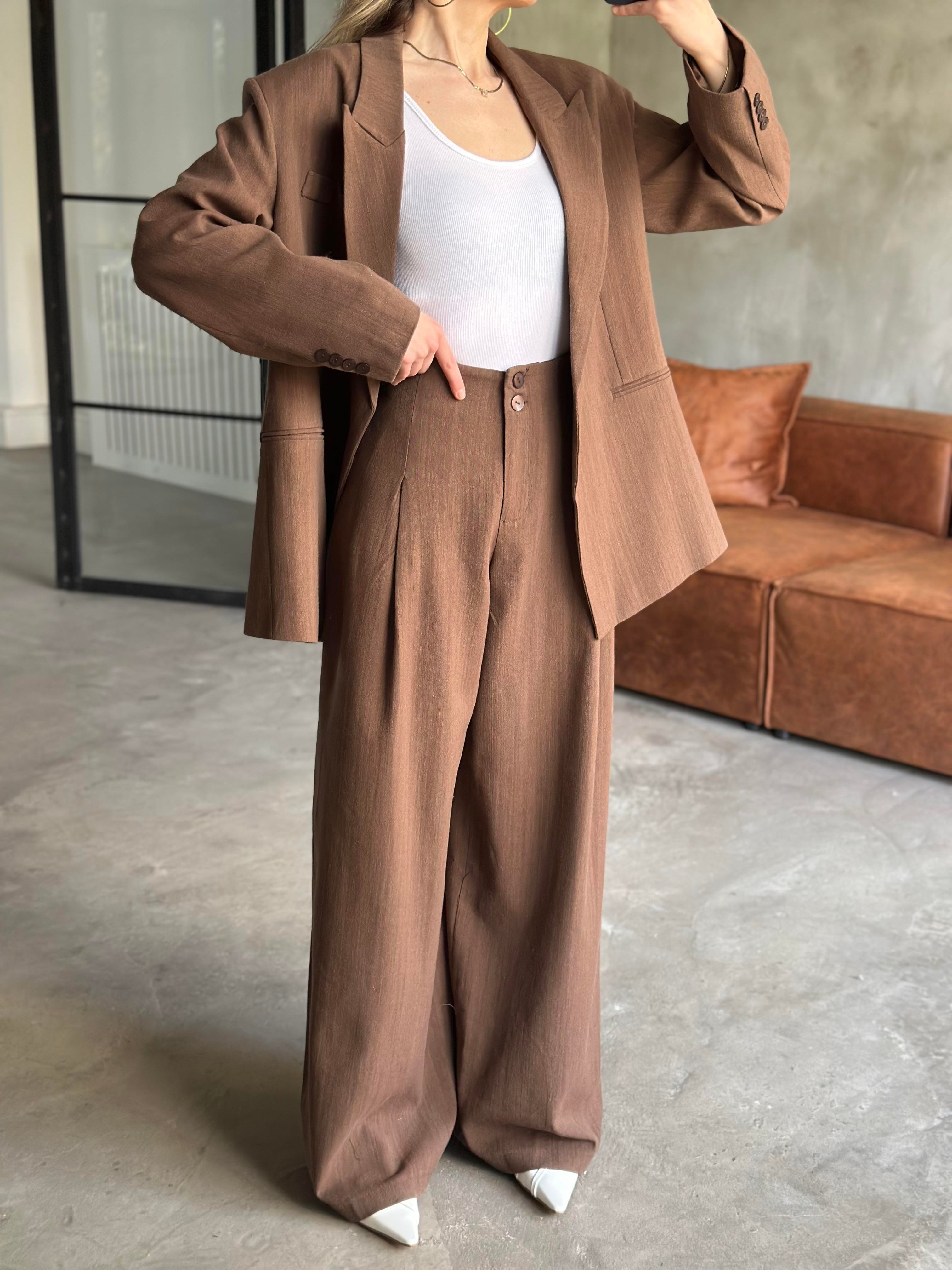 Keten Karışımlı Blazer Ceket Palazzo Pantolon Takım - Kahverengi - Dominatrend