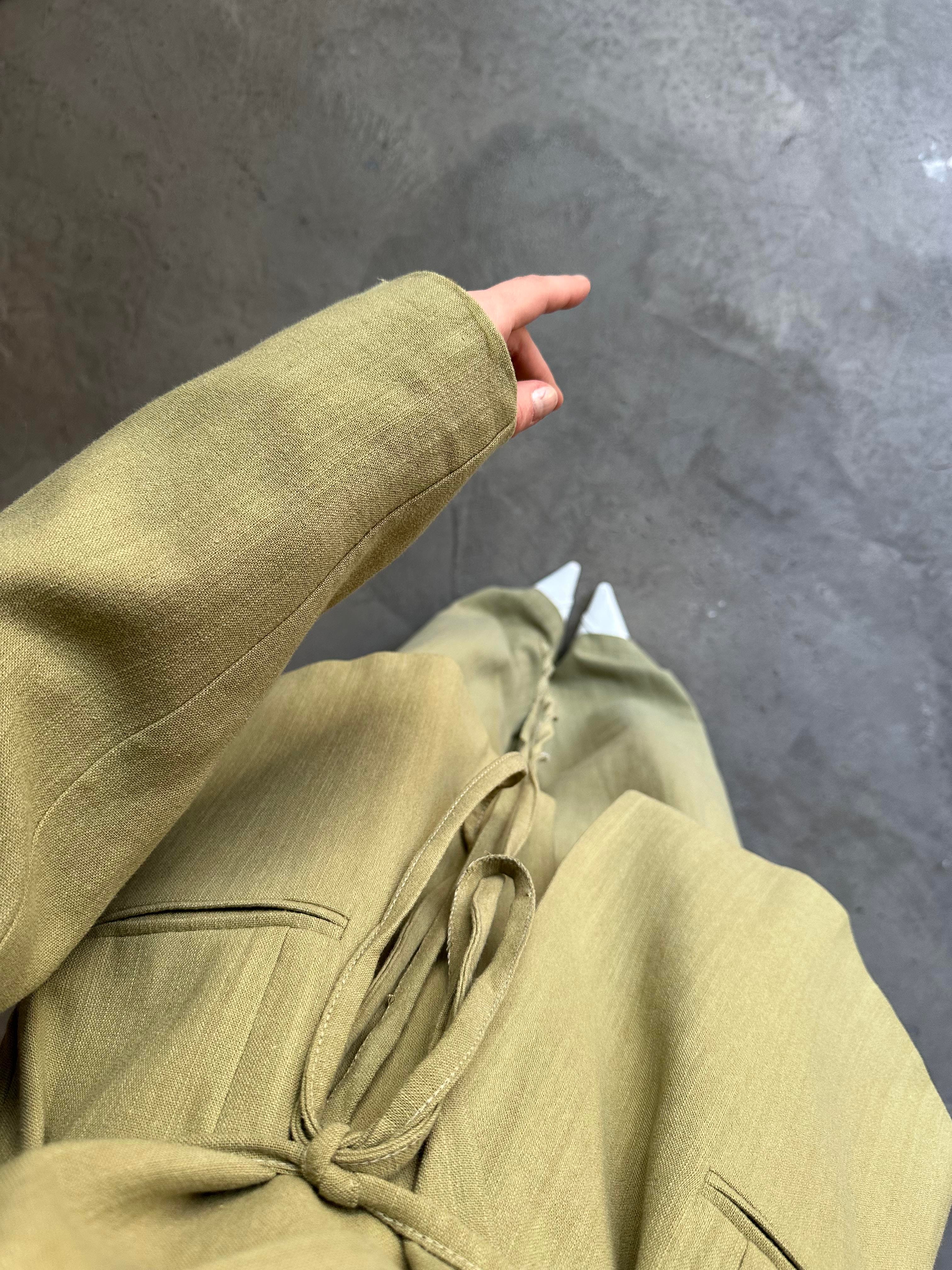 Keten Karışımlı Blazer Ceket Palazzo Pantolon Takım - Yeşil - Dominatrend
