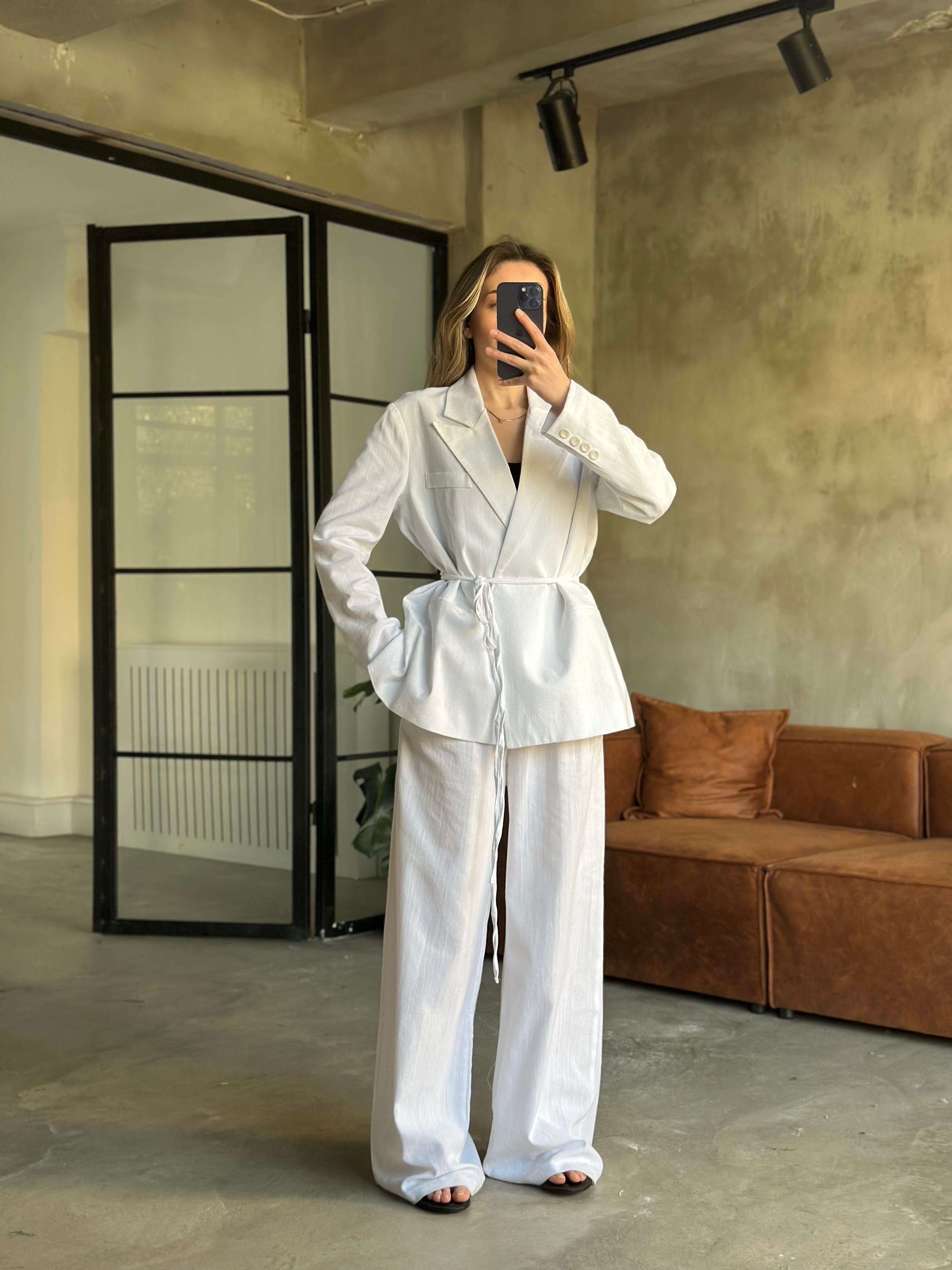 Keten Karışımlı Blazer Ceket Palazzo Pantolon Takım - Beyaz - Dominatrend