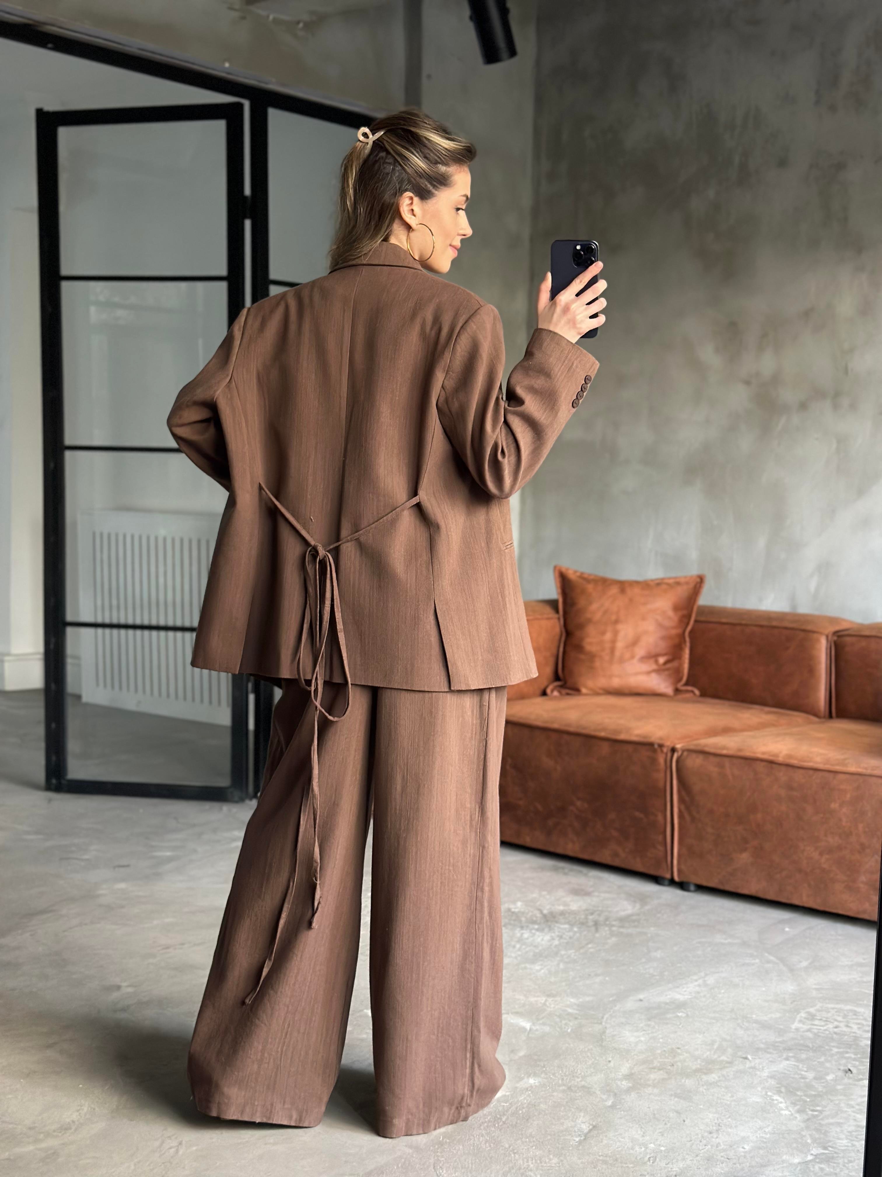 Keten Karışımlı Blazer Ceket Palazzo Pantolon Takım - Kahverengi - Dominatrend