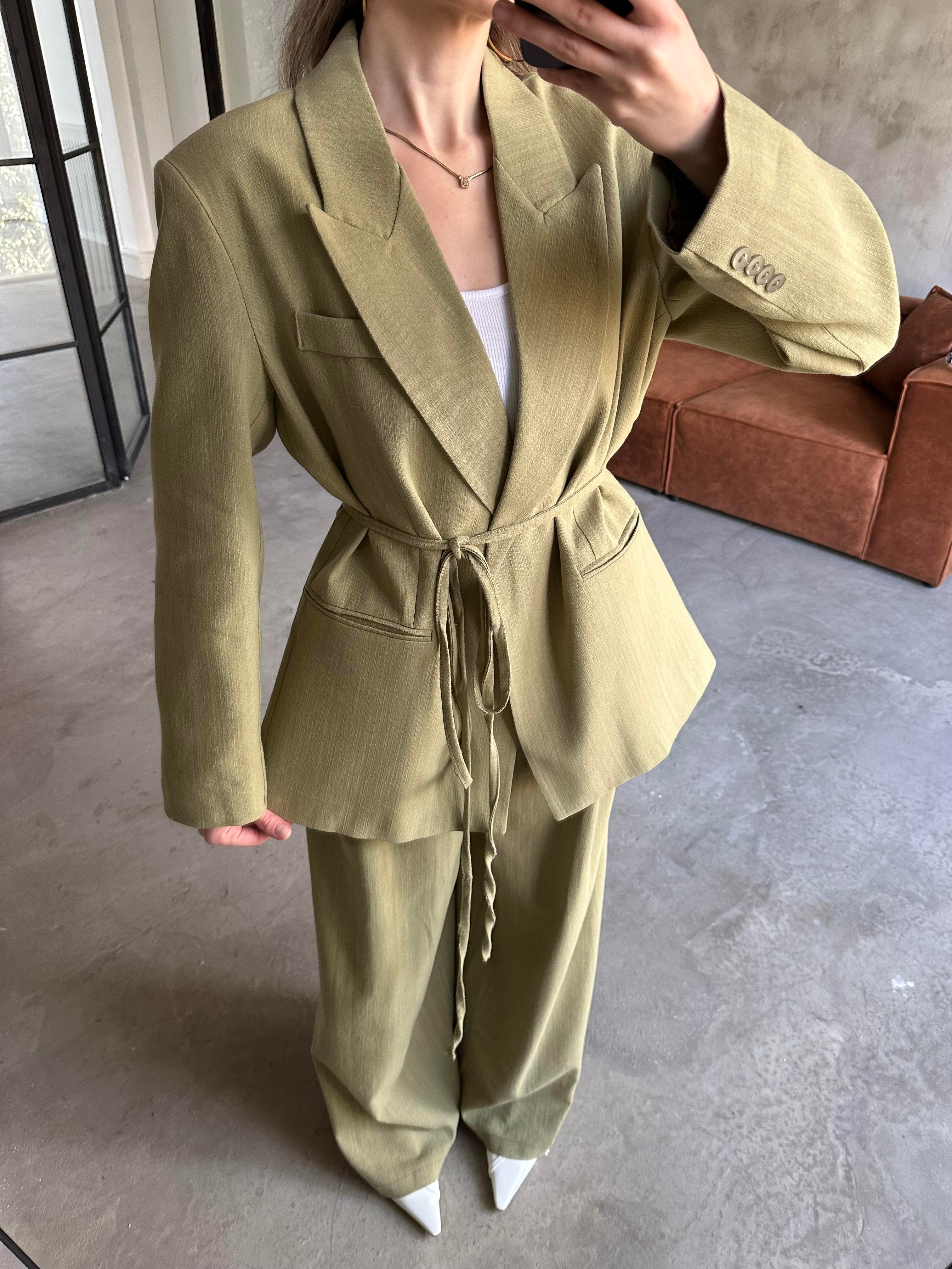 Keten Karışımlı Blazer Ceket Palazzo Pantolon Takım - Yeşil - Dominatrend