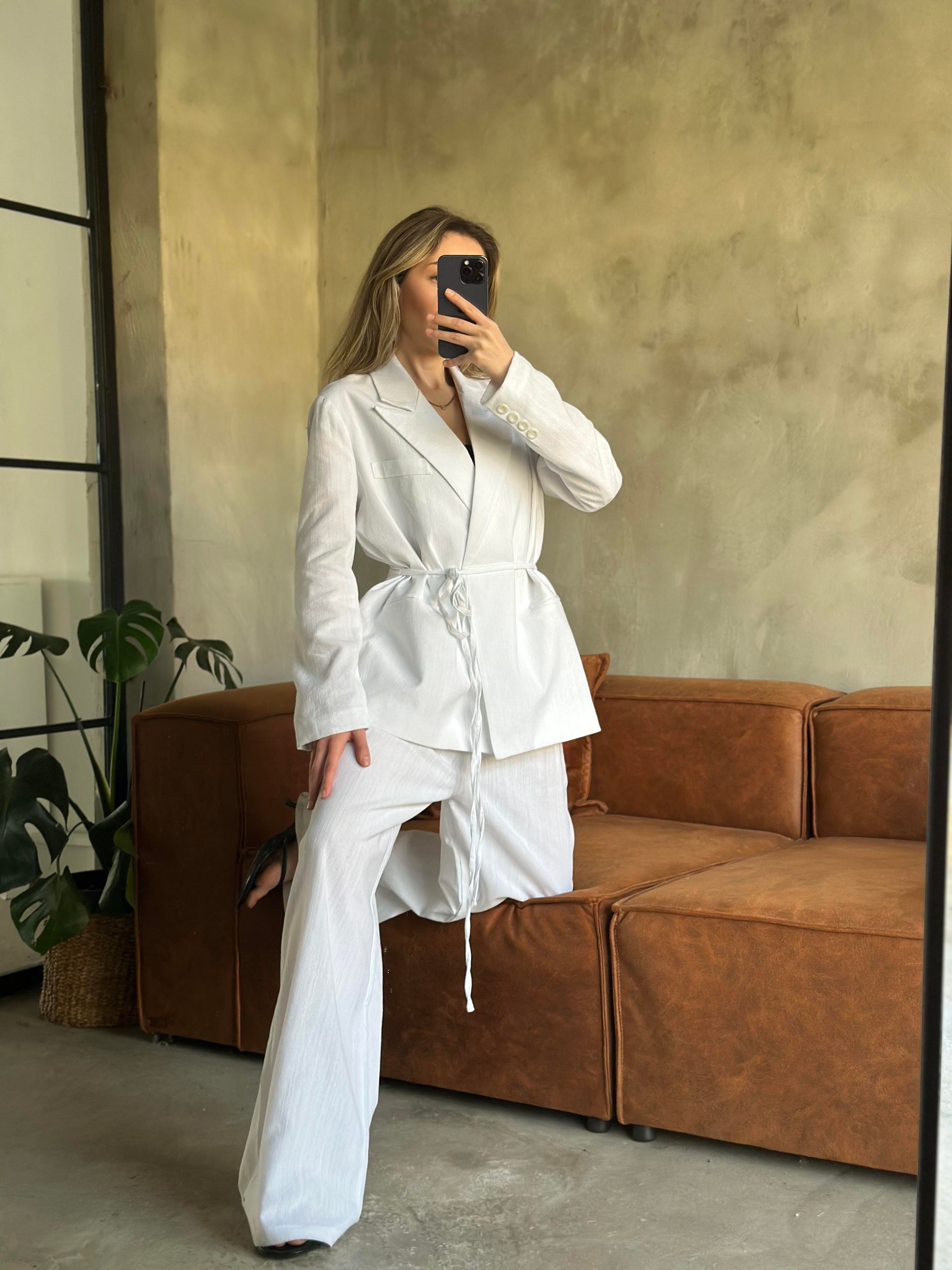 Keten Karışımlı Blazer Ceket Palazzo Pantolon Takım - Beyaz - Dominatrend