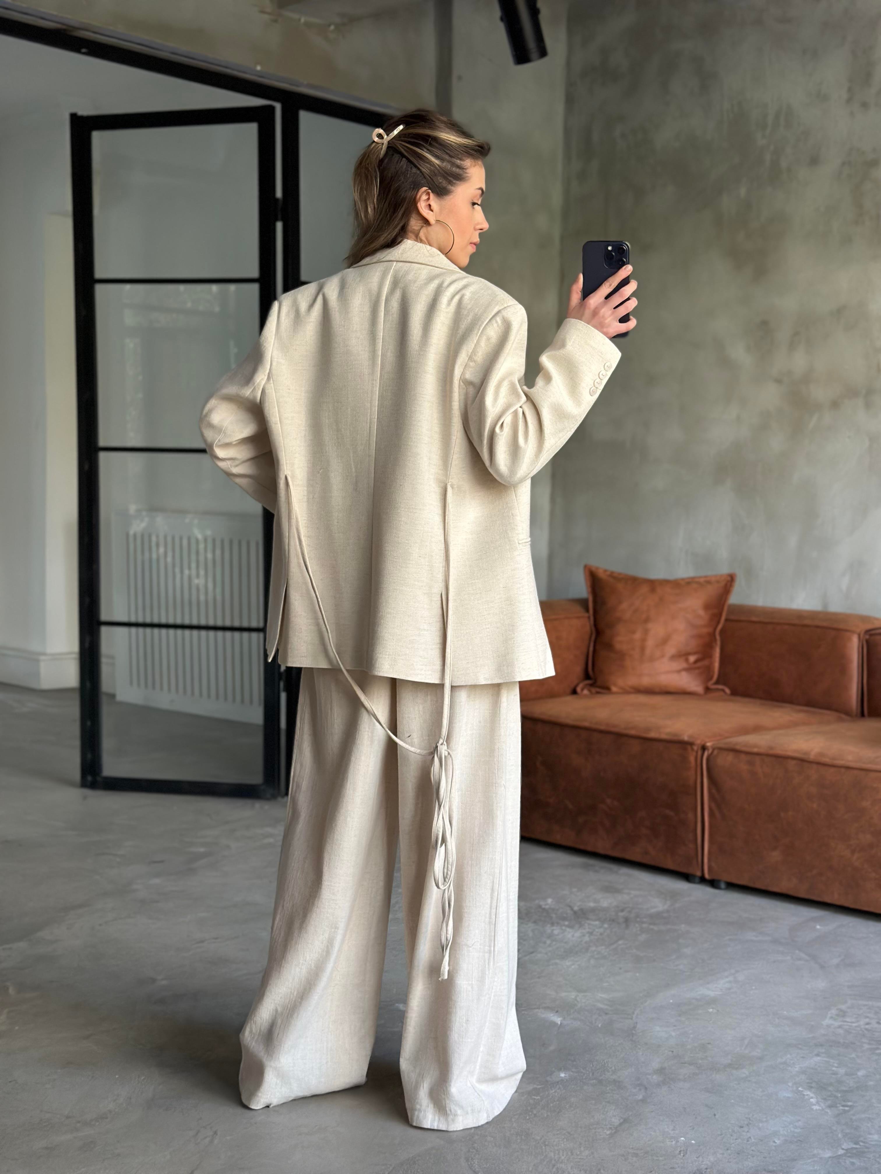 Keten Karşımlı Blazer Ceket Palazzo Pantolon Takım - Ekru - Dominatrend