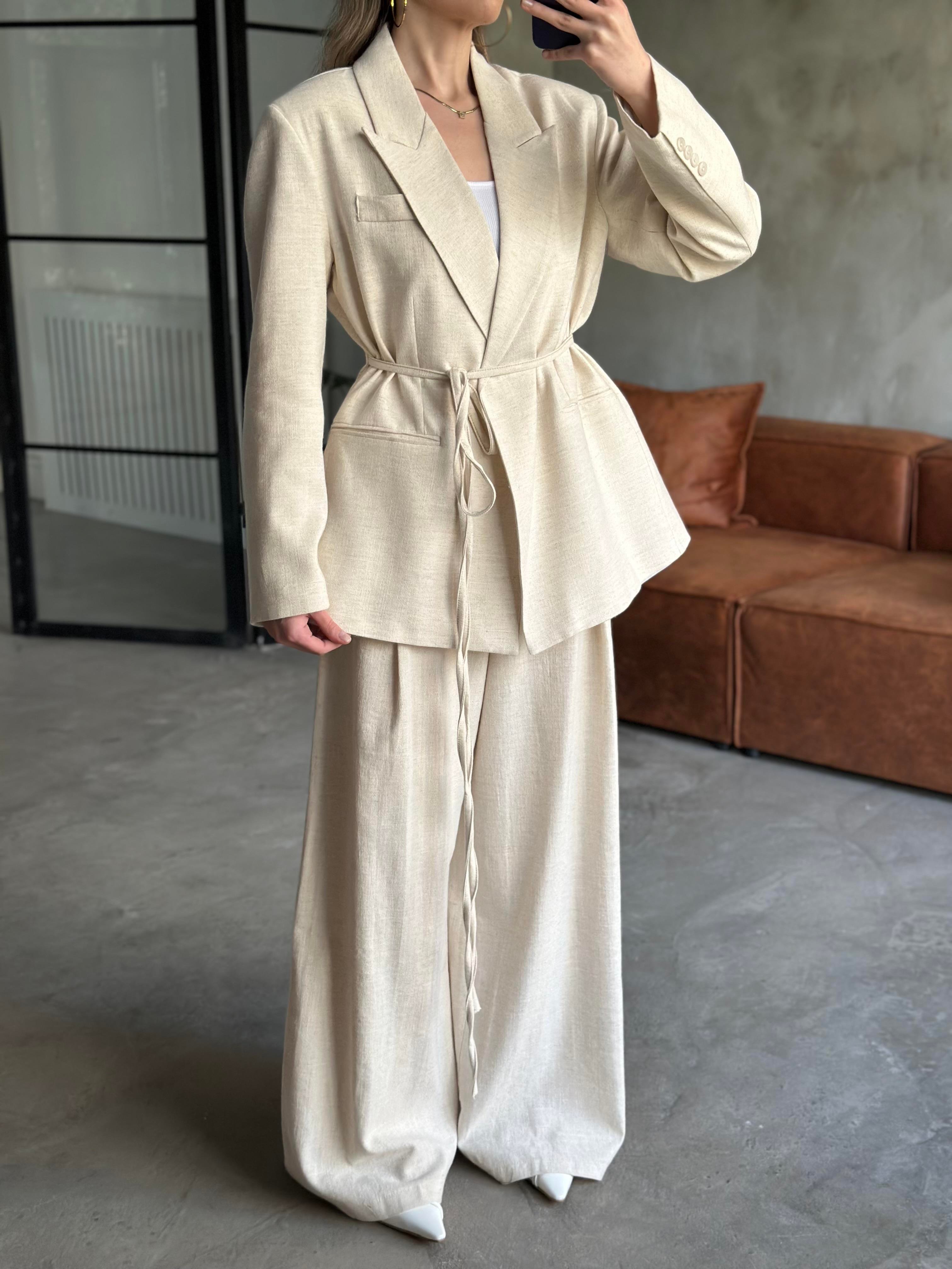 Keten Karşımlı Blazer Ceket Palazzo Pantolon Takım - Ekru - Dominatrend