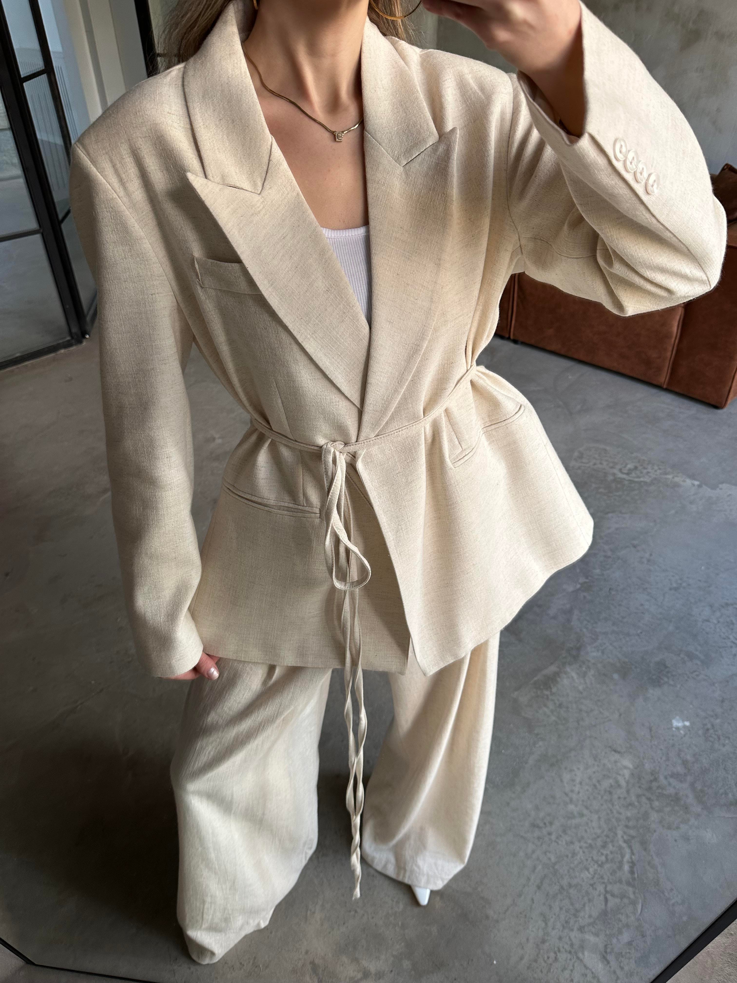 Keten Karşımlı Blazer Ceket Palazzo Pantolon Takım - Ekru - Dominatrend