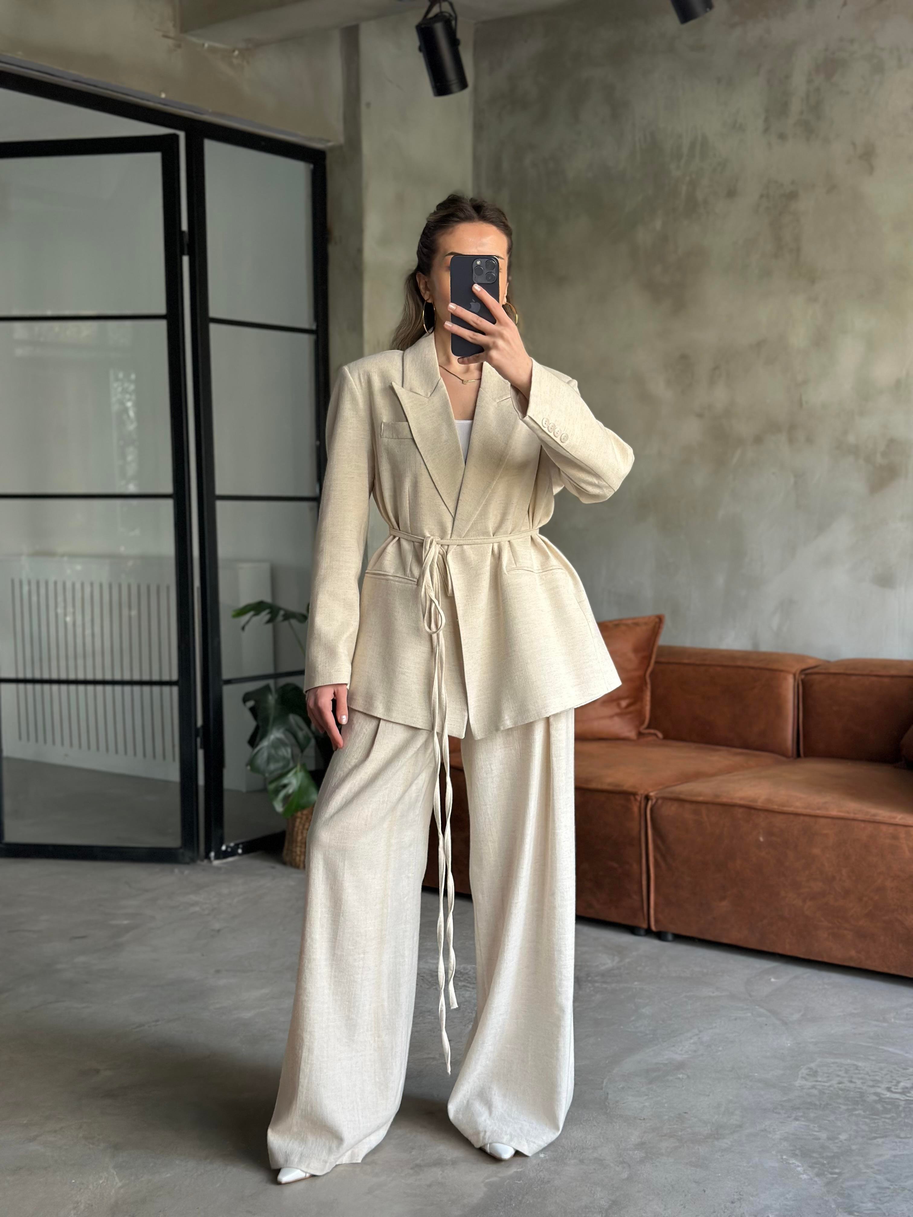 Keten Karşımlı Blazer Ceket Palazzo Pantolon Takım - Ekru - Dominatrend