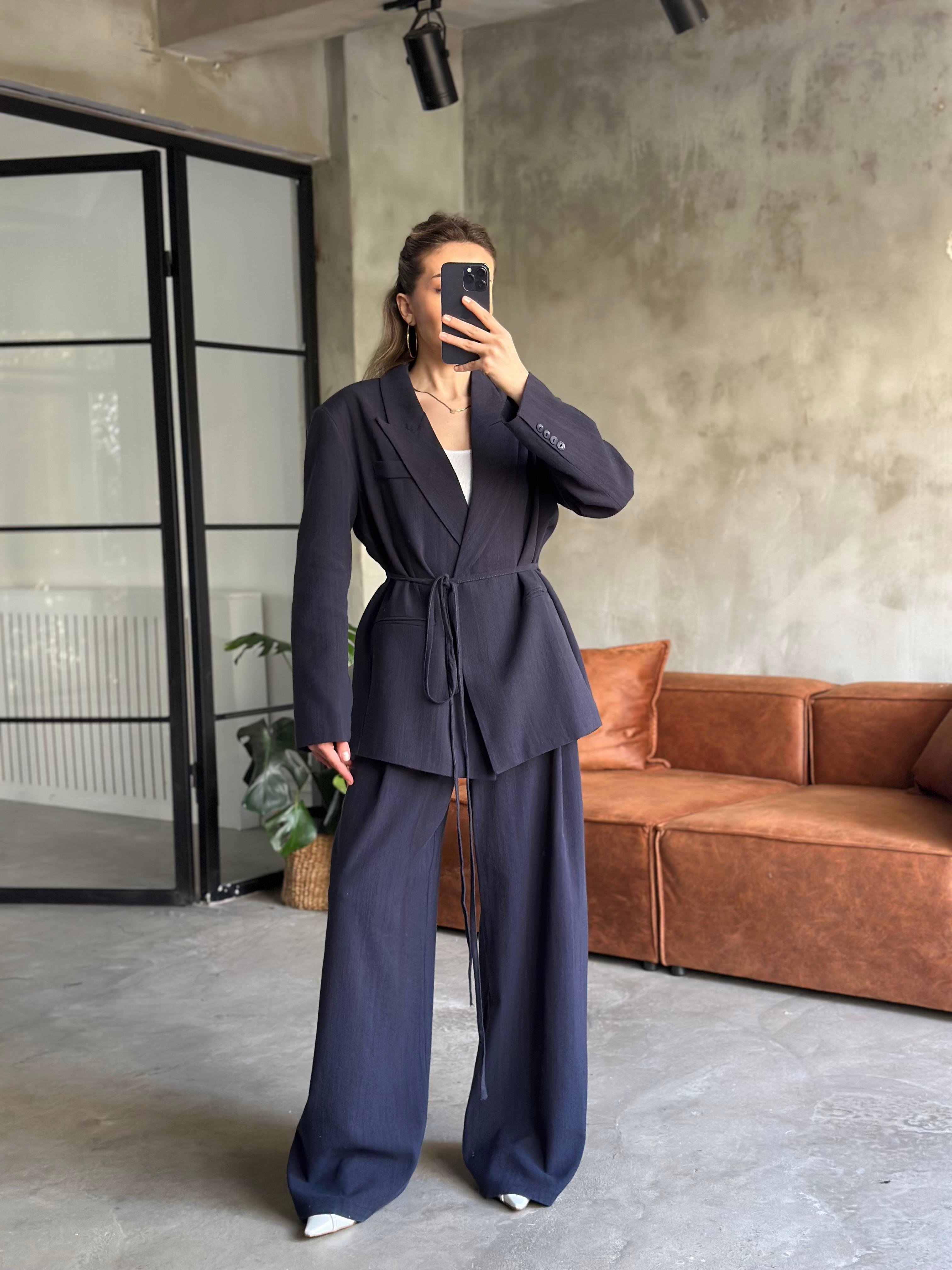 Keten Karşımlı Blazer Ceket Palazzo Pantolon Takım - Lacivert - Dominatrend