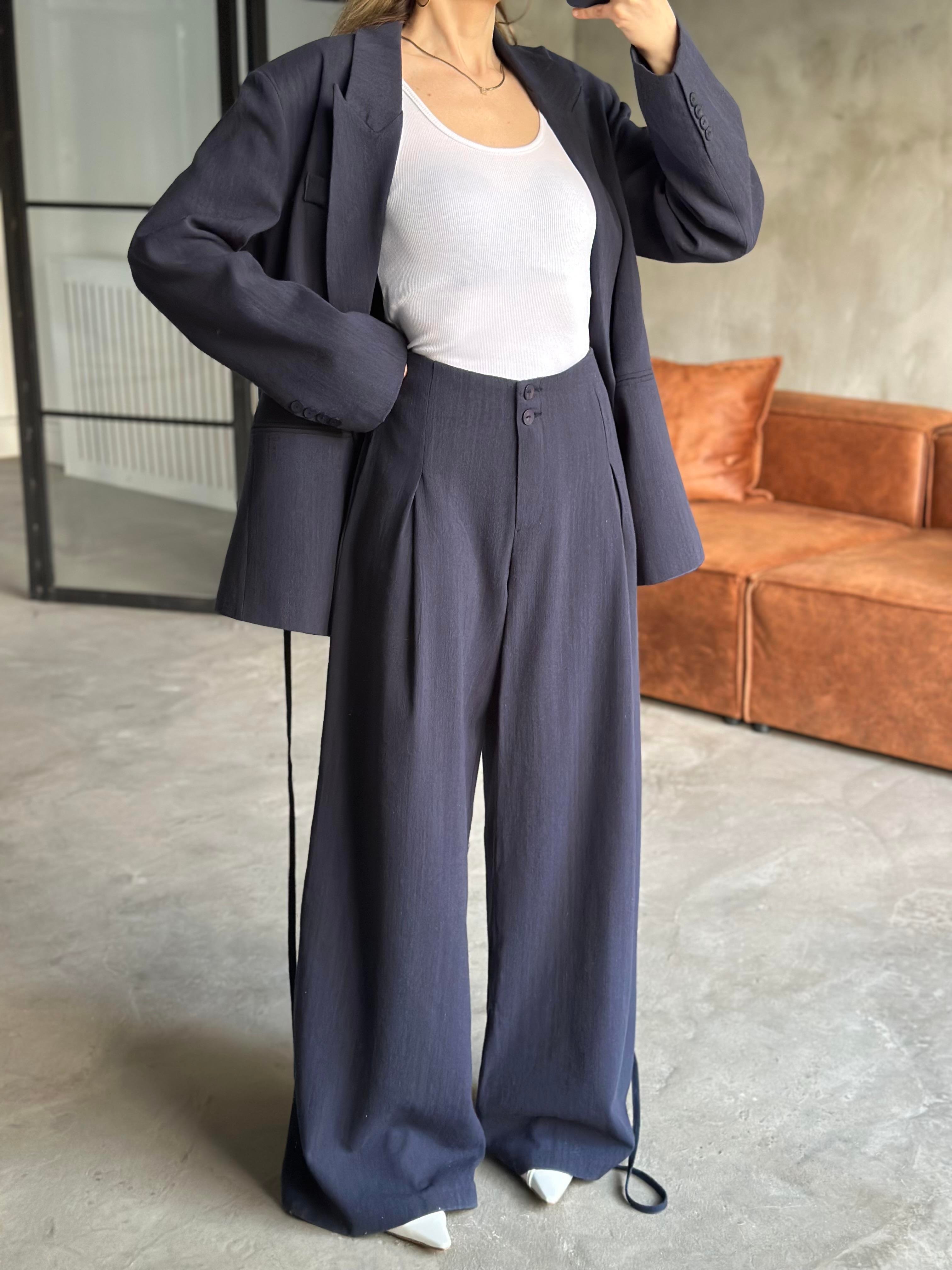 Keten Karşımlı Blazer Ceket Palazzo Pantolon Takım - Lacivert - Dominatrend