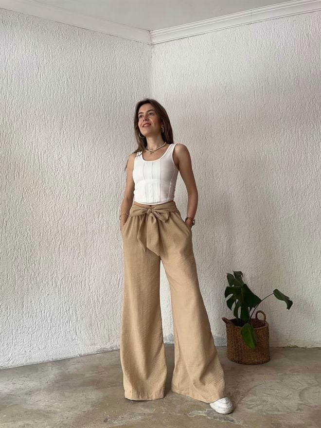 Keten Salaş Kuşaklı Pantolon - Bej - Dominatrend