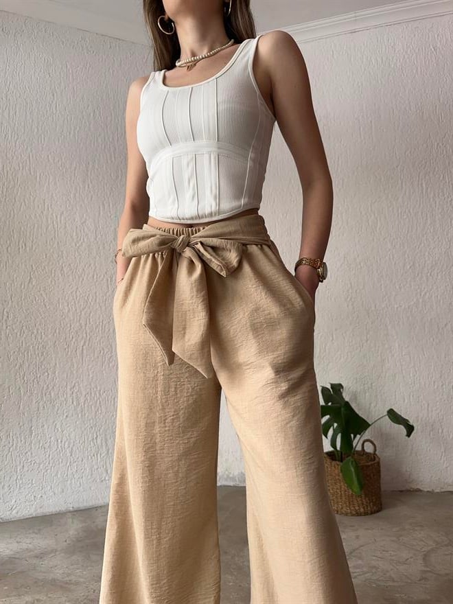 Keten Salaş Kuşaklı Pantolon - Bej - Dominatrend