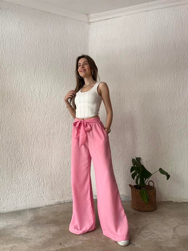 Keten Salaş Kuşaklı Pantolon - Pembe - Dominatrend