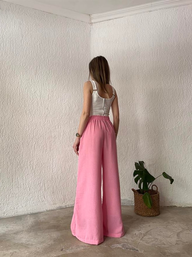 Keten Salaş Kuşaklı Pantolon - Pembe - Dominatrend