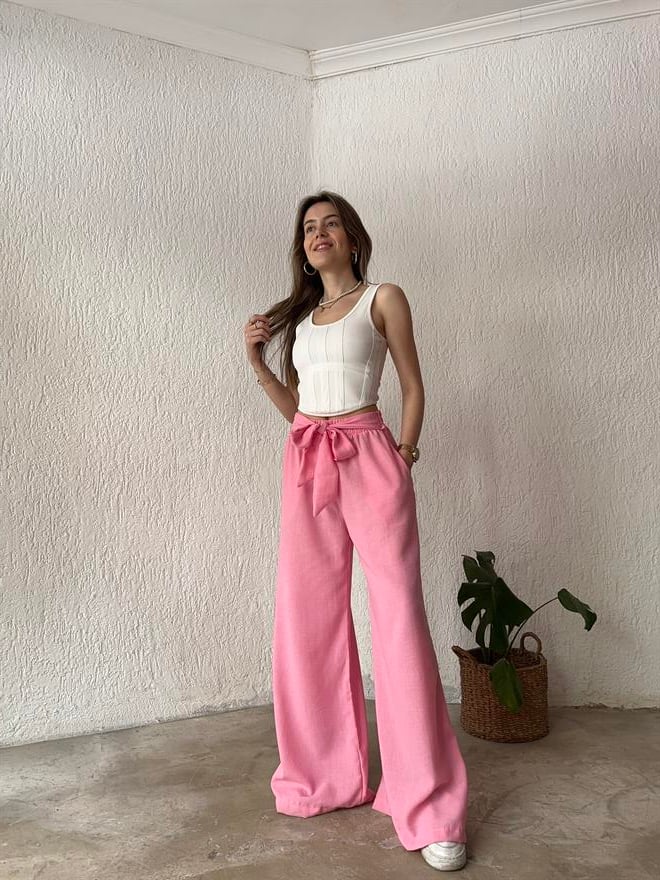 Keten Salaş Kuşaklı Pantolon - Pembe - Dominatrend