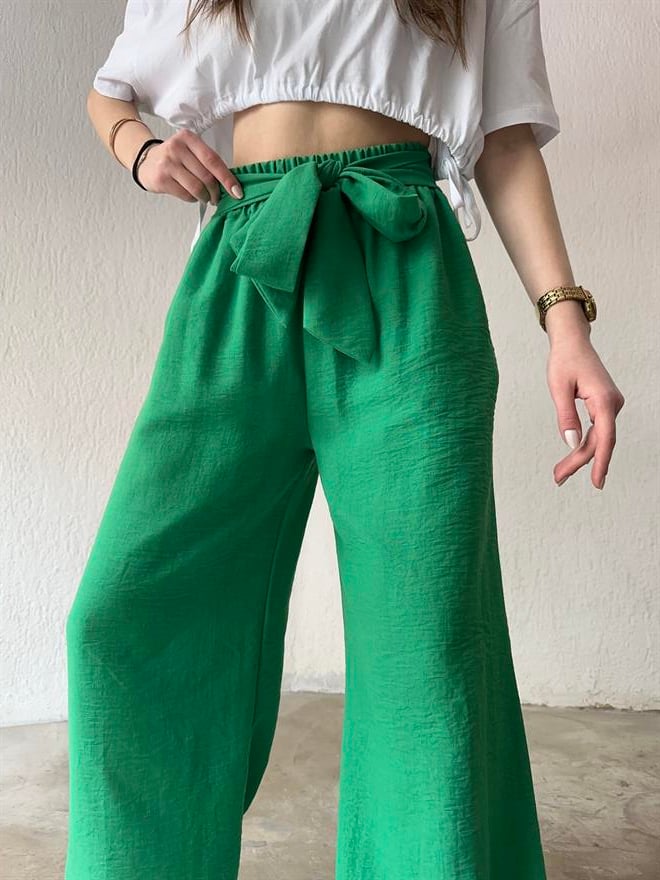 Keten Salaş Kuşaklı Pantolon - Yeşil - Dominatrend