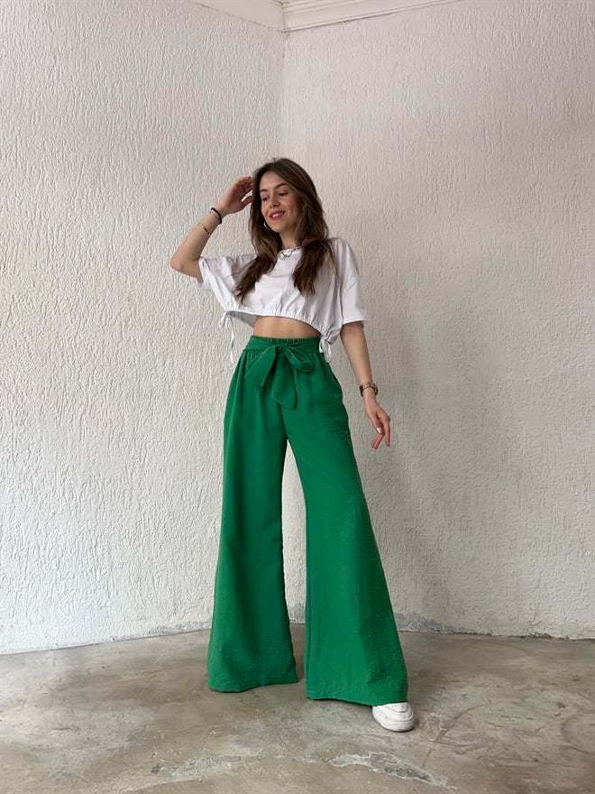 Keten Salaş Kuşaklı Pantolon - Yeşil - Dominatrend