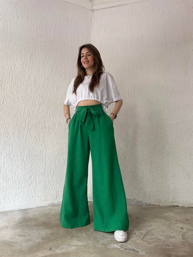 Keten Salaş Kuşaklı Pantolon - Yeşil - Dominatrend
