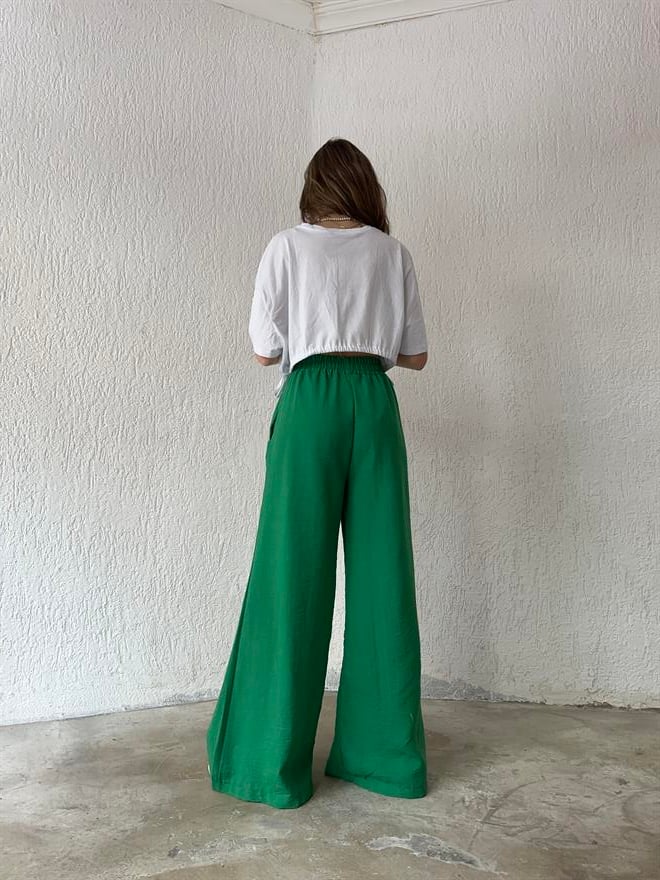 Keten Salaş Kuşaklı Pantolon - Yeşil - Dominatrend