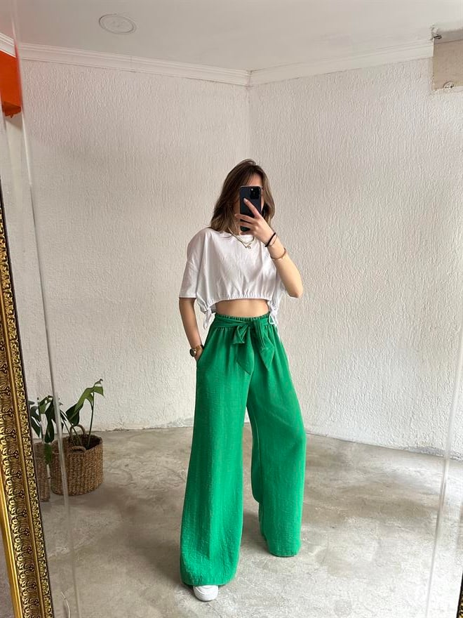 Keten Salaş Kuşaklı Pantolon - Yeşil - Dominatrend