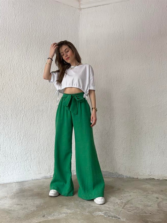 Keten Salaş Kuşaklı Pantolon - Yeşil - Dominatrend