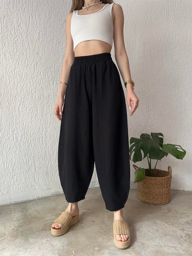 Keten Şalvar Pantolon - Siyah - Dominatrend