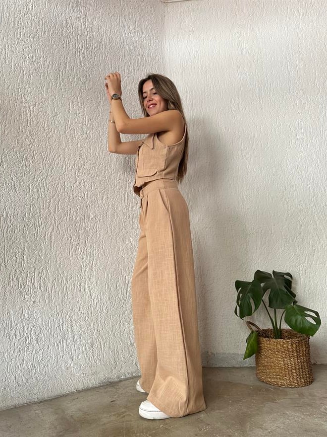Keten Yaka Detay Yelek - Pantolon İkili Takım Bej - Dominatrend