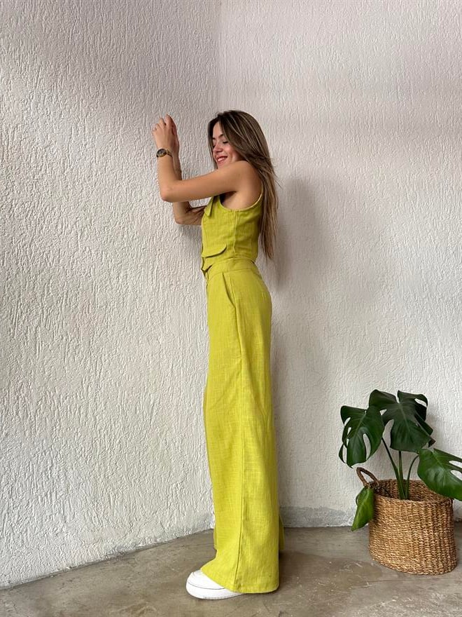 Keten Yaka Detay Yelek Pantolon İkili Takım Yağ Yeşili - Dominatrend