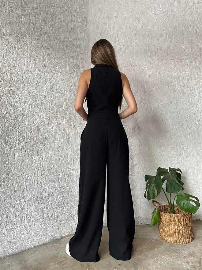 Keten Yaka Detay Yelek - Pantolon İkili Takım Siyah - Dominatrend