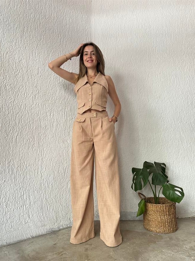 Keten Yaka Detay Yelek - Pantolon İkili Takım Bej - Dominatrend
