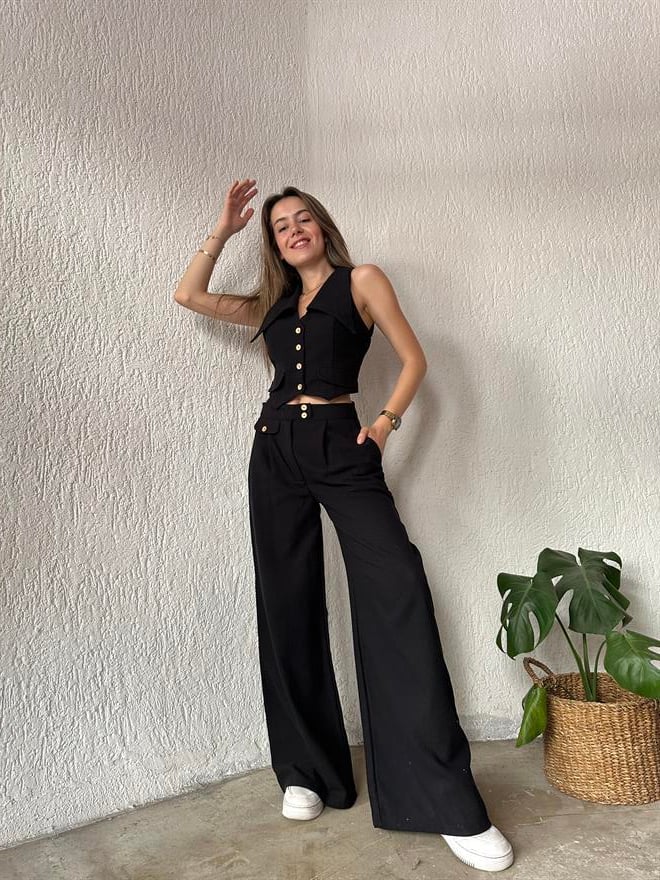 Keten Yaka Detay Yelek - Pantolon İkili Takım Siyah - Dominatrend
