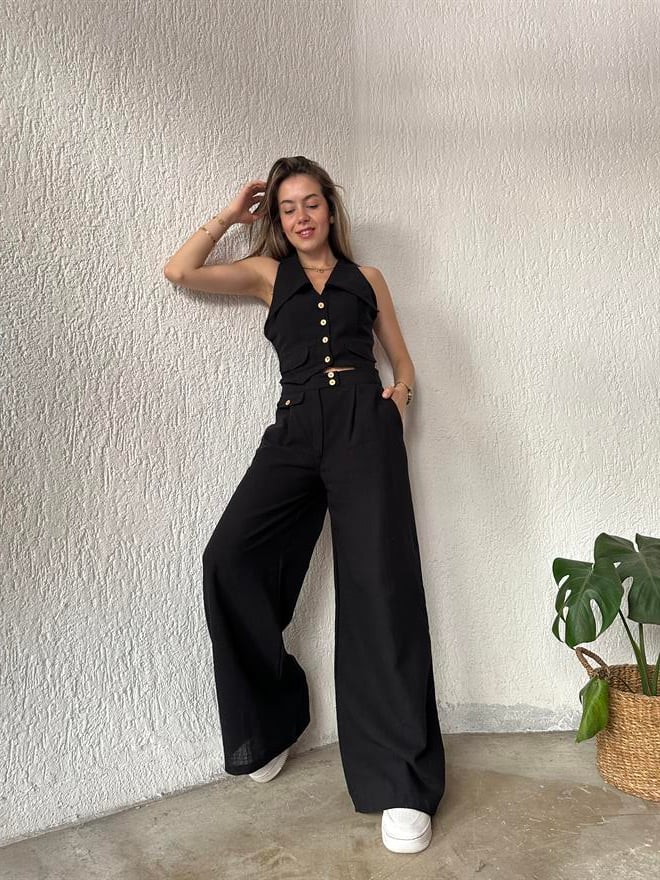 Keten Yaka Detay Yelek - Pantolon İkili Takım Siyah - Dominatrend