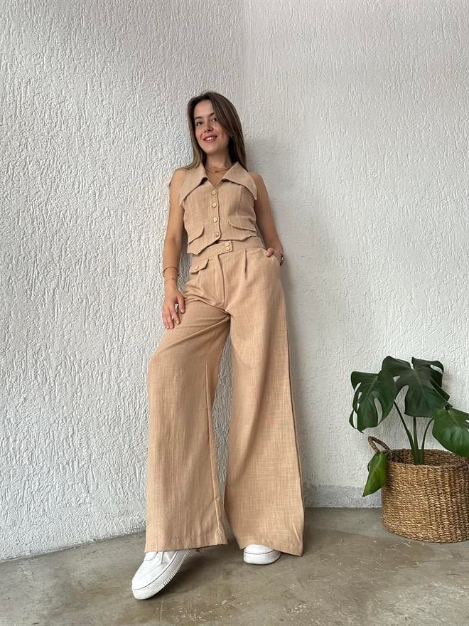 Keten Yaka Detay Yelek - Pantolon İkili Takım Bej - Dominatrend