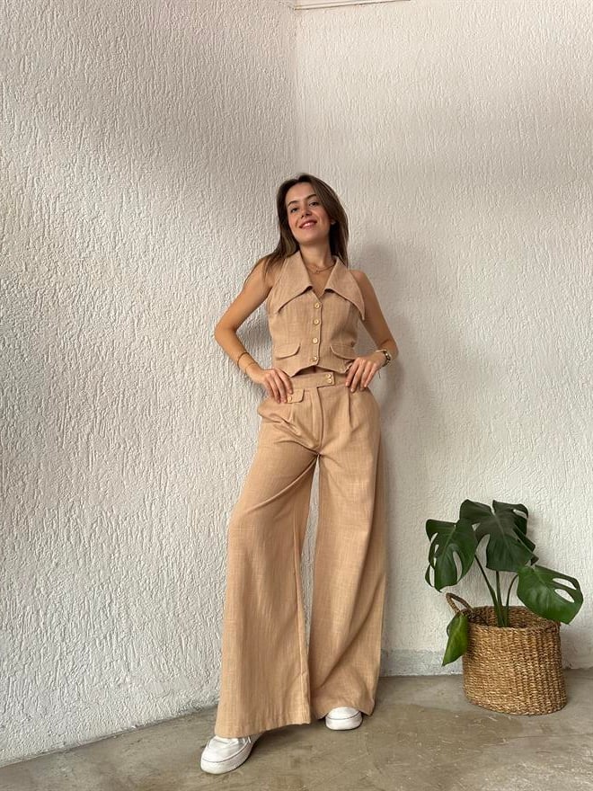 Keten Yaka Detay Yelek - Pantolon İkili Takım Bej - Dominatrend