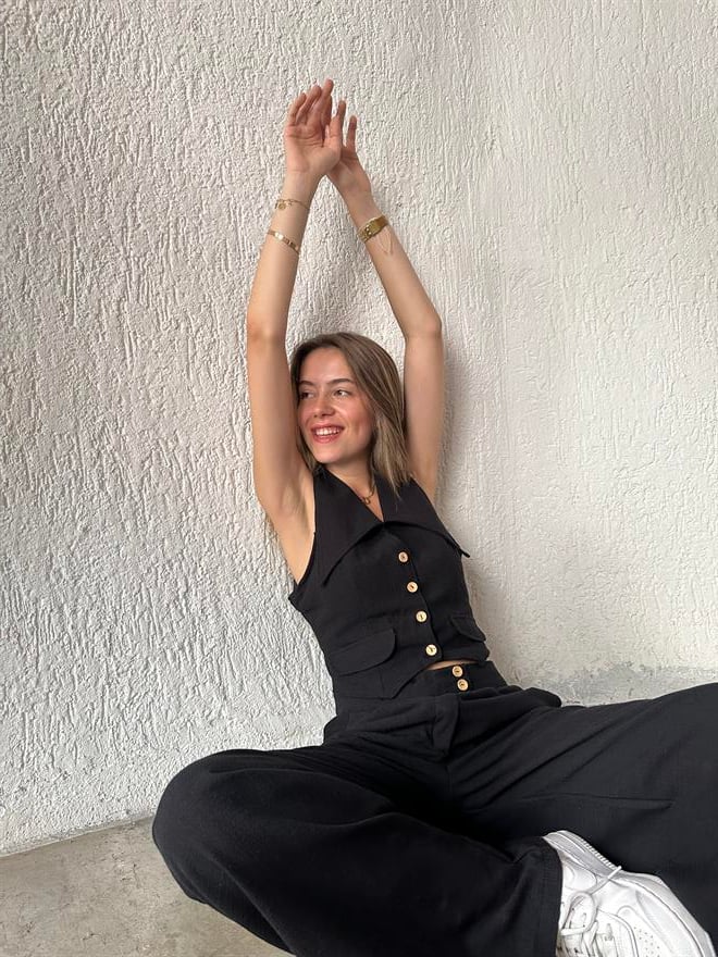 Keten Yaka Detay Yelek - Pantolon İkili Takım Siyah - Dominatrend