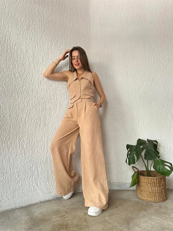 Keten Yaka Detay Yelek - Pantolon İkili Takım Bej - Dominatrend