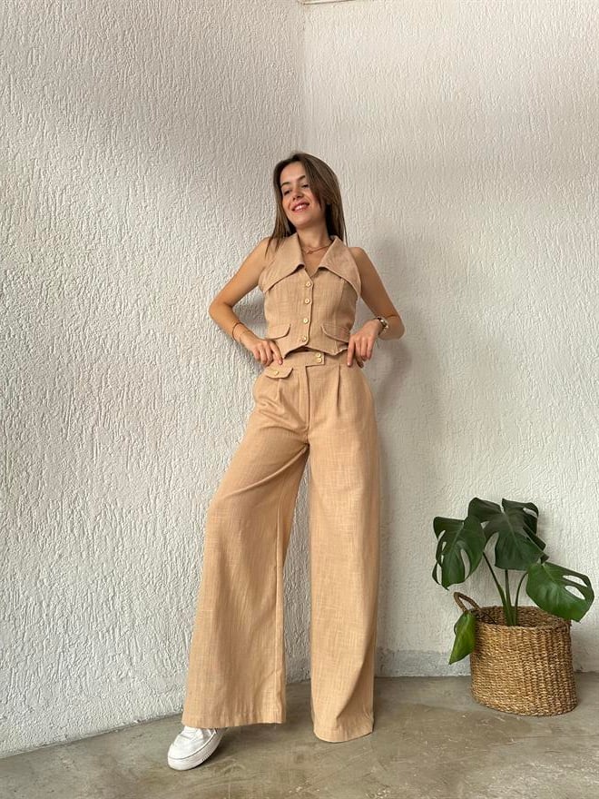 Keten Yaka Detay Yelek - Pantolon İkili Takım Bej - Dominatrend