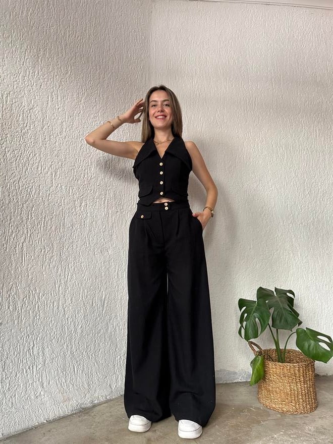 Keten Yaka Detay Yelek - Pantolon İkili Takım Siyah - Dominatrend