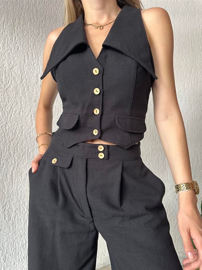 Keten Yaka Detay Yelek - Pantolon İkili Takım Siyah - Dominatrend