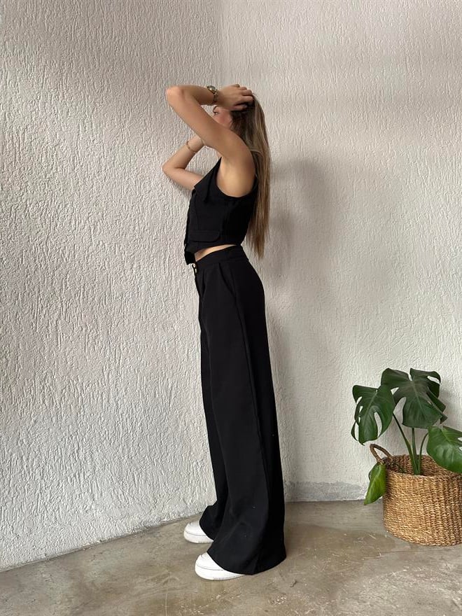 Keten Yaka Detay Yelek - Pantolon İkili Takım Siyah - Dominatrend