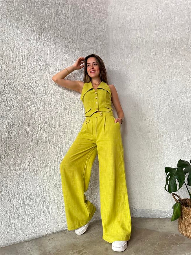 Keten Yaka Detay Yelek Pantolon İkili Takım Yağ Yeşili - Dominatrend