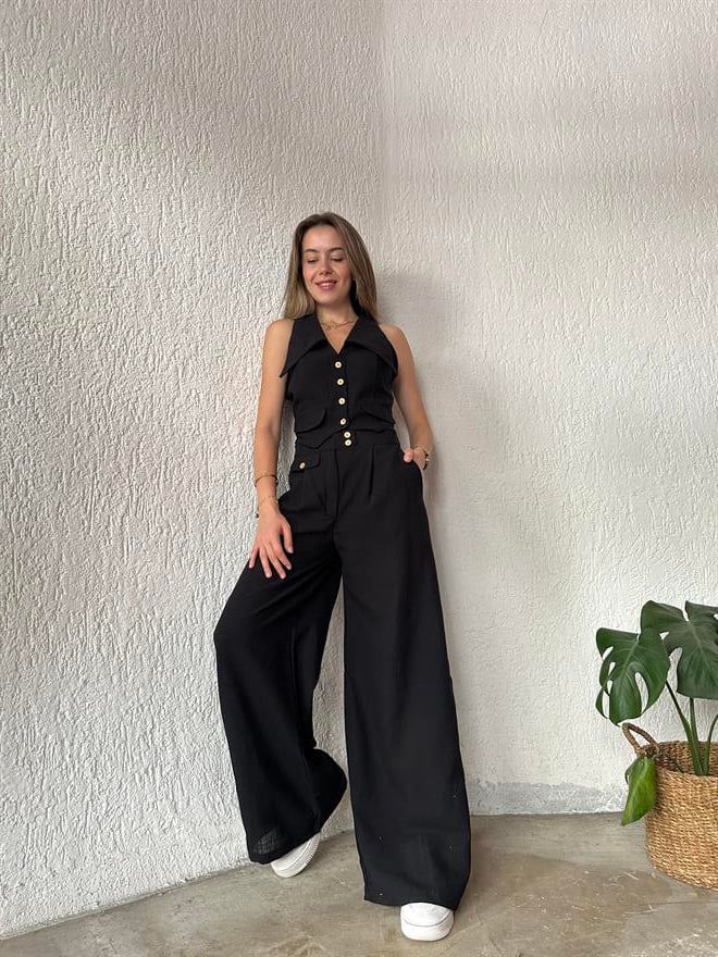 Keten Yaka Detay Yelek - Pantolon İkili Takım Siyah - Dominatrend