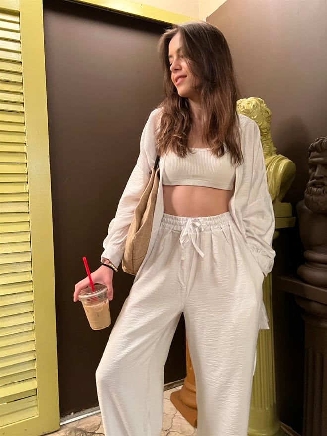 Kimono Pantolon İkili Takım Beyaz - Dominatrend