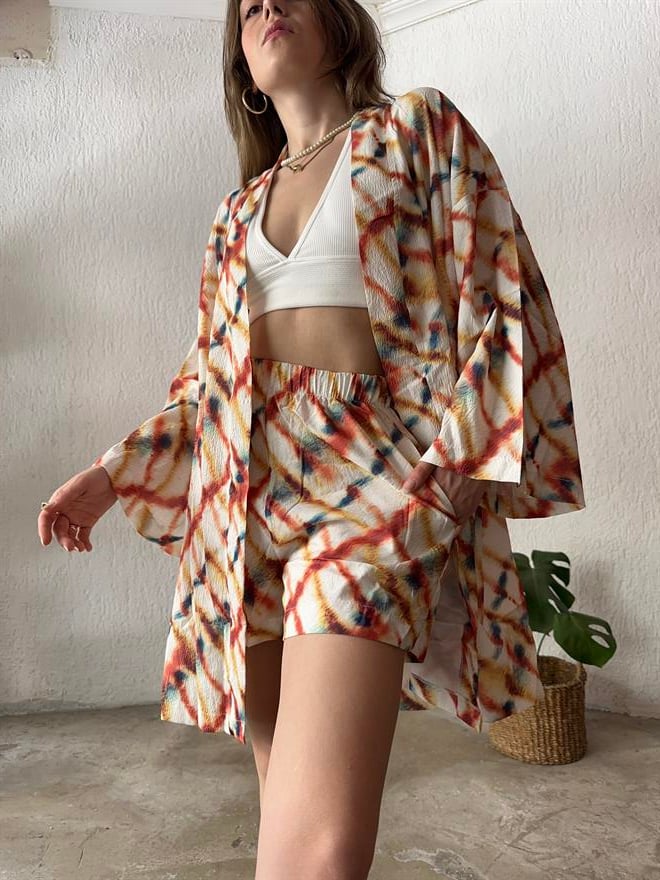 Kimono Şort Takım Batik Desen - Dominatrend